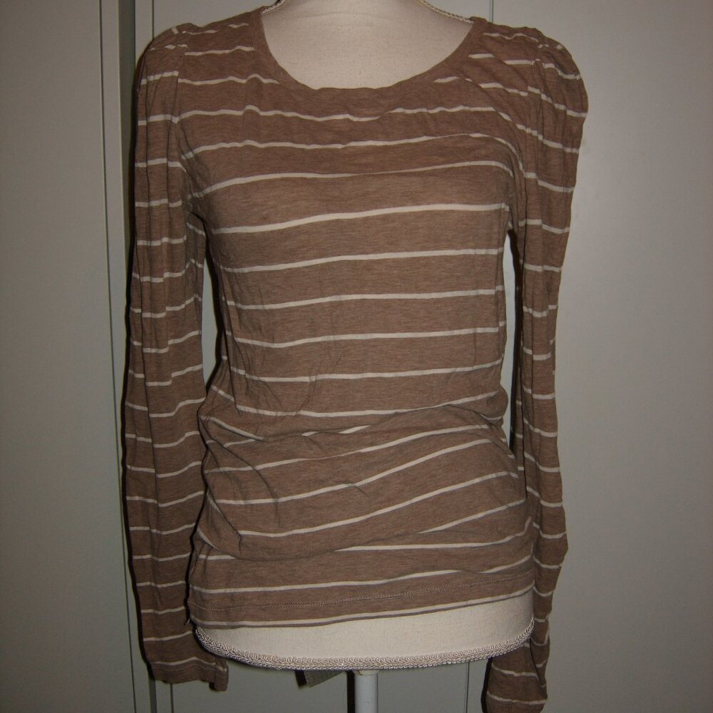 gap stretch tan white striped puffy shoulder long sleeve t-shirt S